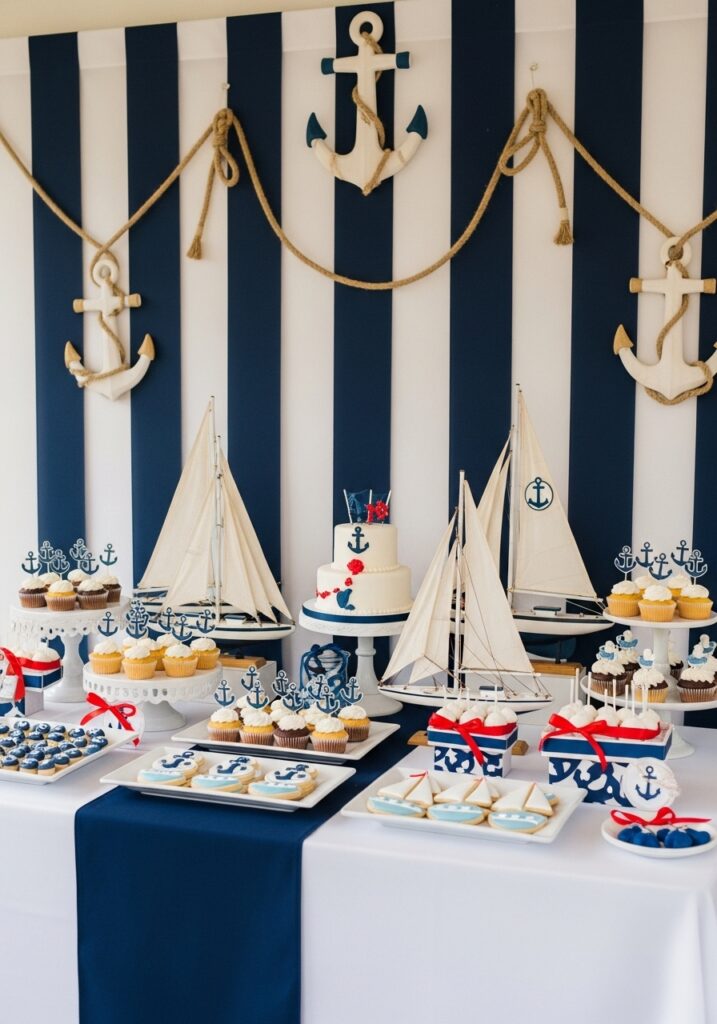  Nautical navy striped baby shower with anchor decorations and maritime theme