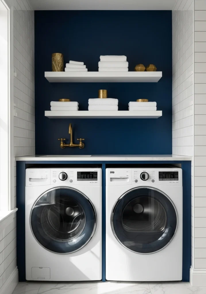 Navy blue accent wall behind white laundry machines