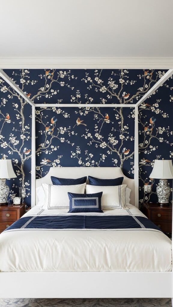 Navy blue chinoiserie accent wall with cherry blossoms in sophisticated bedroom