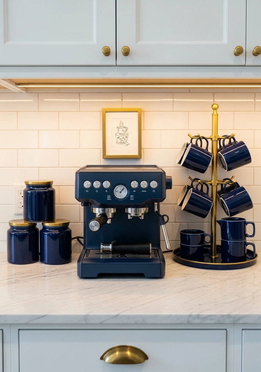  Navy blue color-coordinated coffee bar with brass accents on white marble counter