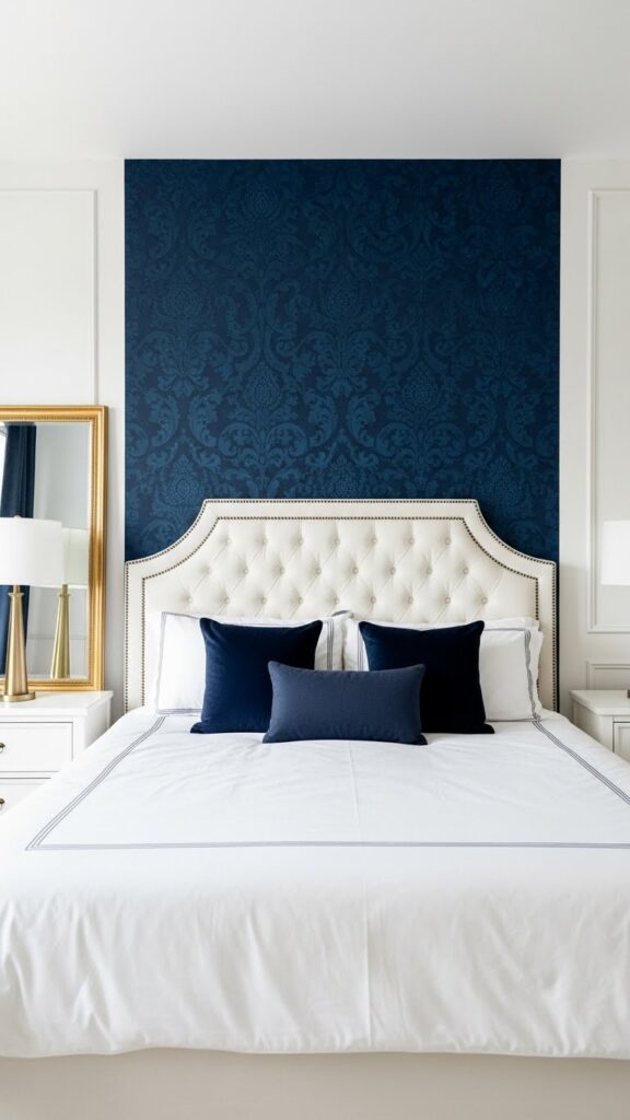 Navy blue damask wallpaper accent wall behind bed in elegant bedroom