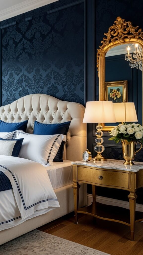  Navy blue damask wallpaper with gold accents in luxurious traditional bedroom