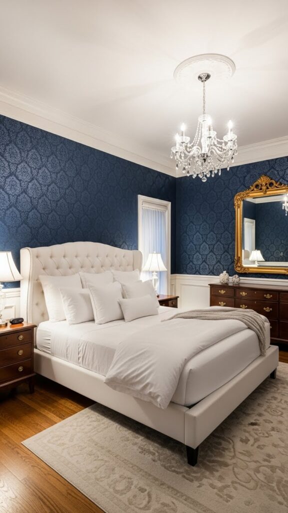 Navy blue damask wallpaper bedroom with white tufted bed and elegant furnishings