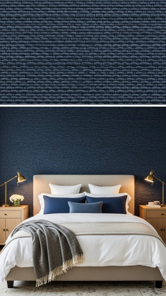 Navy blue grasscloth wallpaper with natural woven texture in sophisticated bedroom