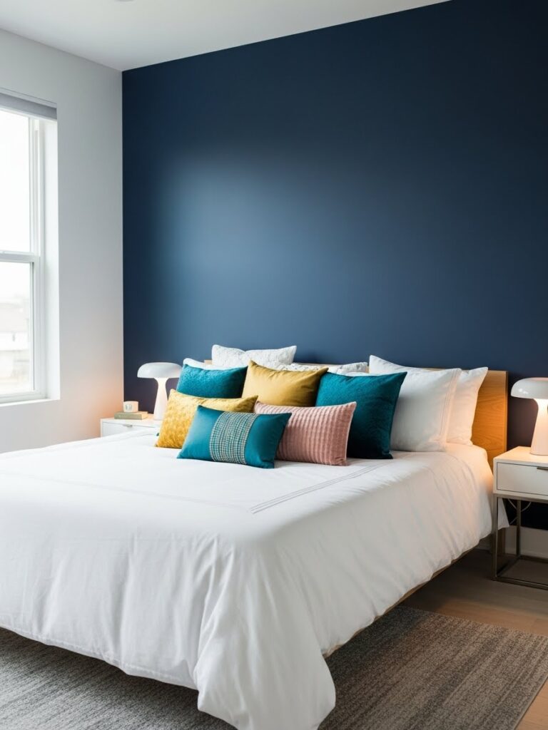 Navy blue and soft white bedroom with colorful modern accents