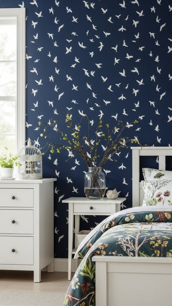 Navy blue wallpaper with white bird silhouettes in sophisticated bedroom