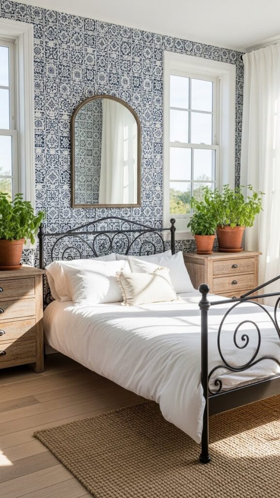Navy blue and white geometric tile pattern wallpaper in Mediterranean bedroom