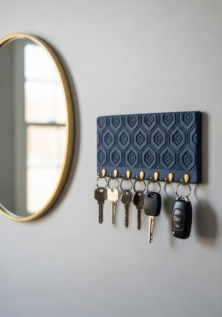 Handmade navy blue air dry clay key holder with brass hooks mounted on entryway wall