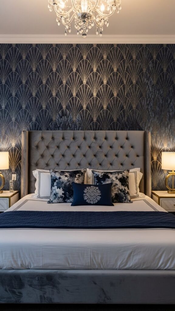 Navy and gold metallic geometric Art Deco accent wall in glamorous bedroom