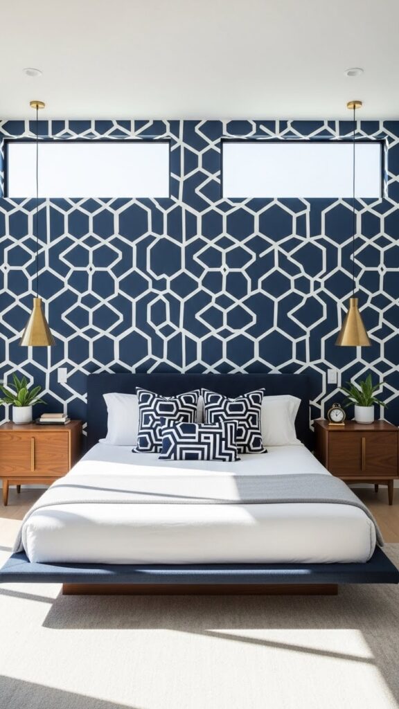 Navy and white geometric hexagon wallpaper in modern contemporary bedroom