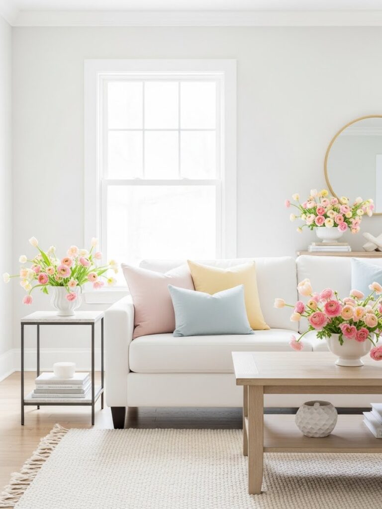 Neutral base styled with seasonal spring decor accents