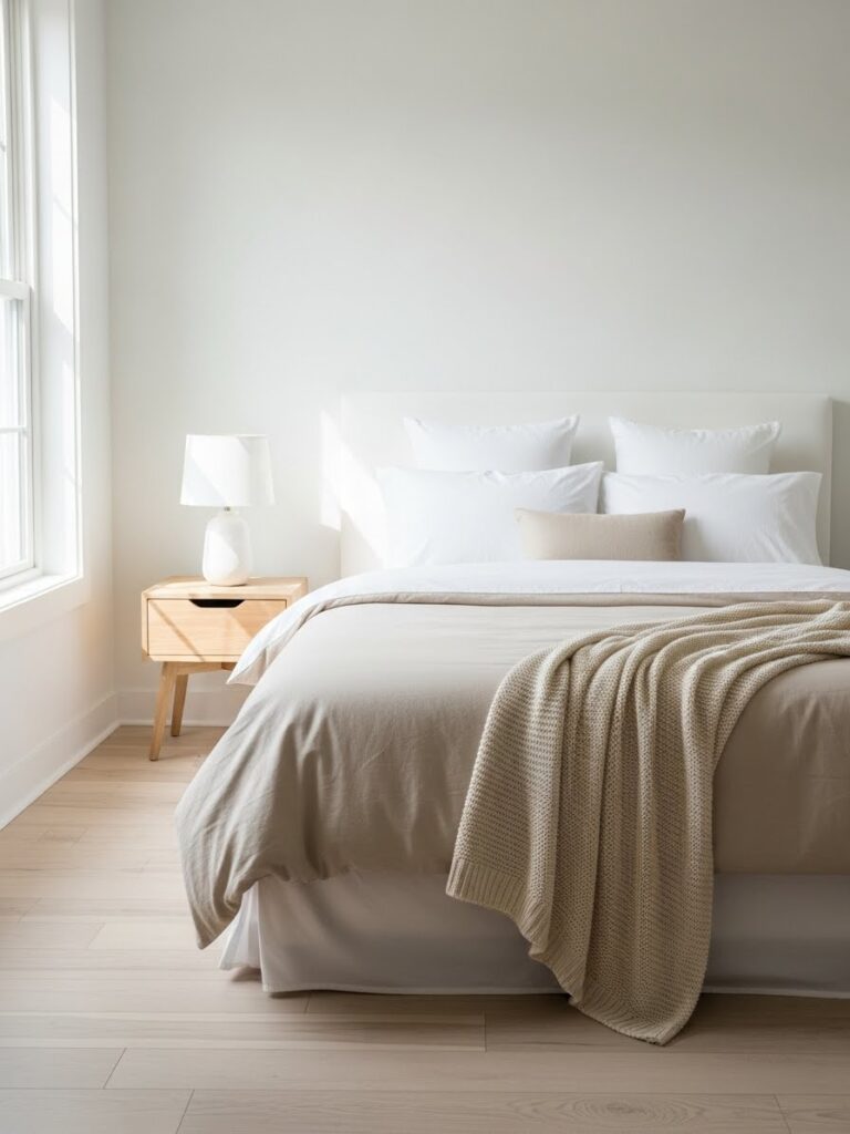 White minimalist bedroom with neutral layered bedding for a soft look