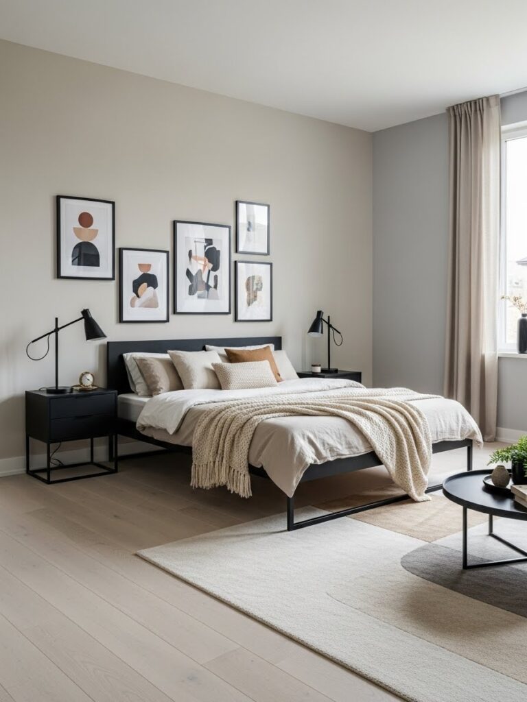 Neutral modern bedroom with black accents creating a structured color palette