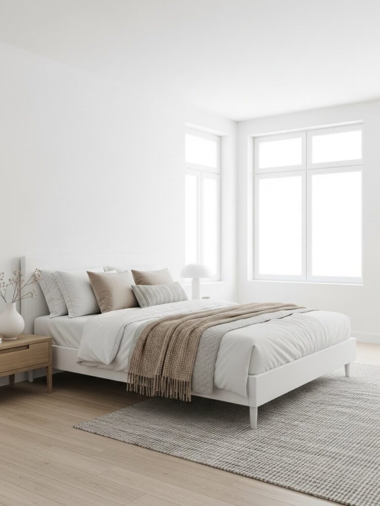 Minimalist white bedroom with a soft neutral color palette