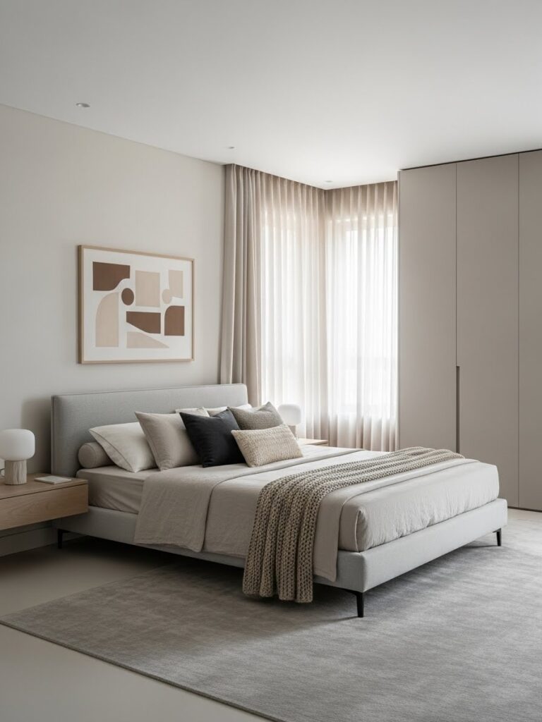 Neutral monochrome bedroom color palette for small rooms with modern full room view