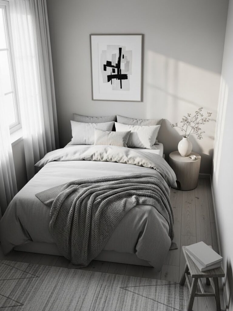 Modern monochrome neutral bedroom palette ideal for compact spaces