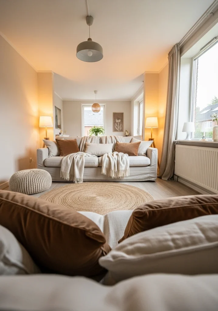 Neutral living room with layered textures and natural materials