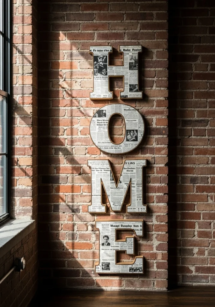 Large HOME letters covered in newspaper on brick wall