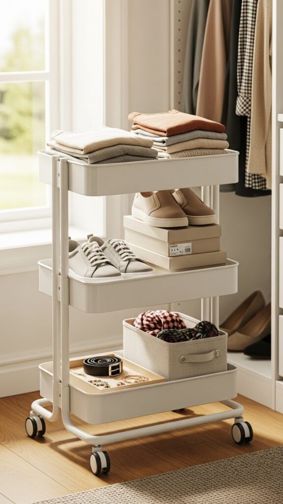 IKEA NISSAFORS rolling cart providing flexible mobile storage in kids closet