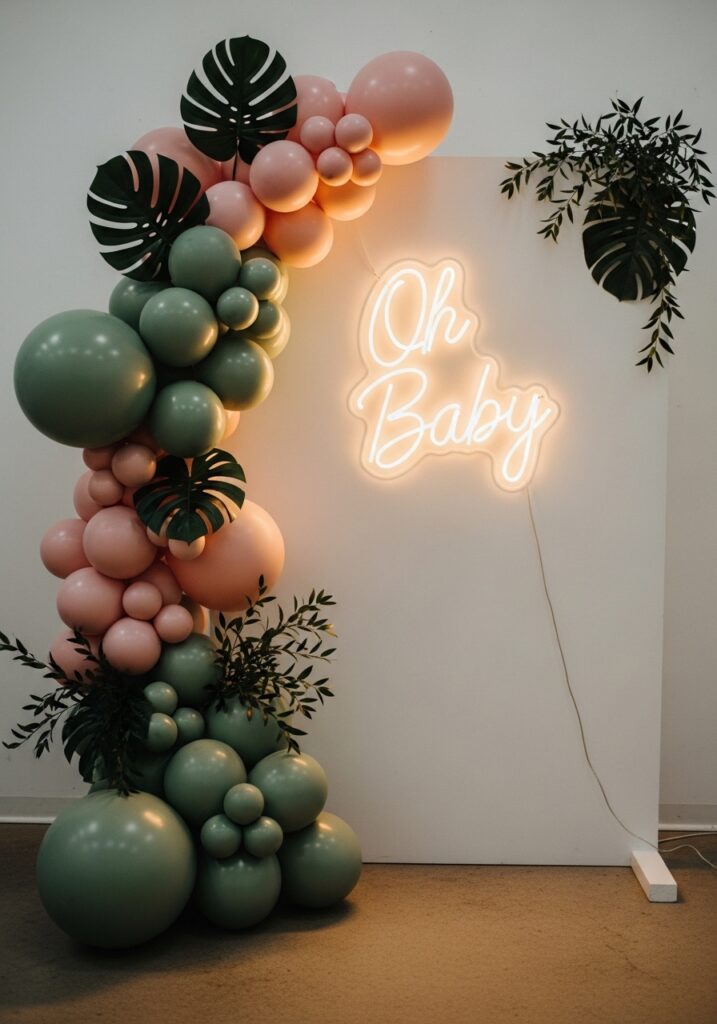 Modern baby shower with neon oh baby sign and minimalist decorations