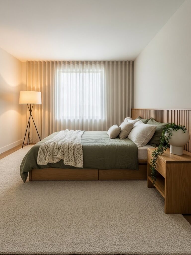 Modern olive green bedroom with cream accents creating a warm color palette