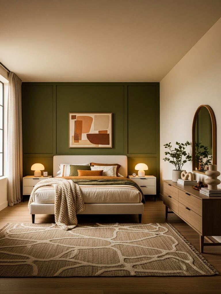 Olive green and cream bedroom color palette with a modern full room interior