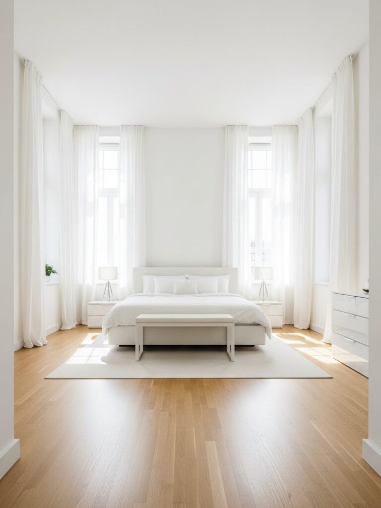 Modern white bedroom with an open and balanced layout