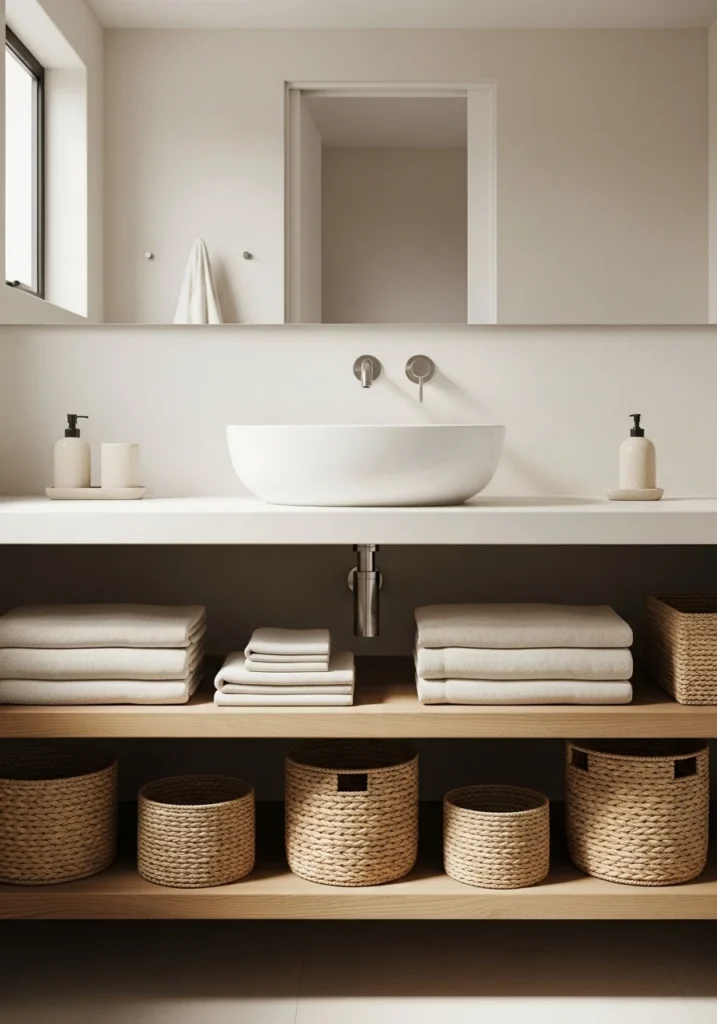 Bathroom vanity with open shelving for towels and basket storage