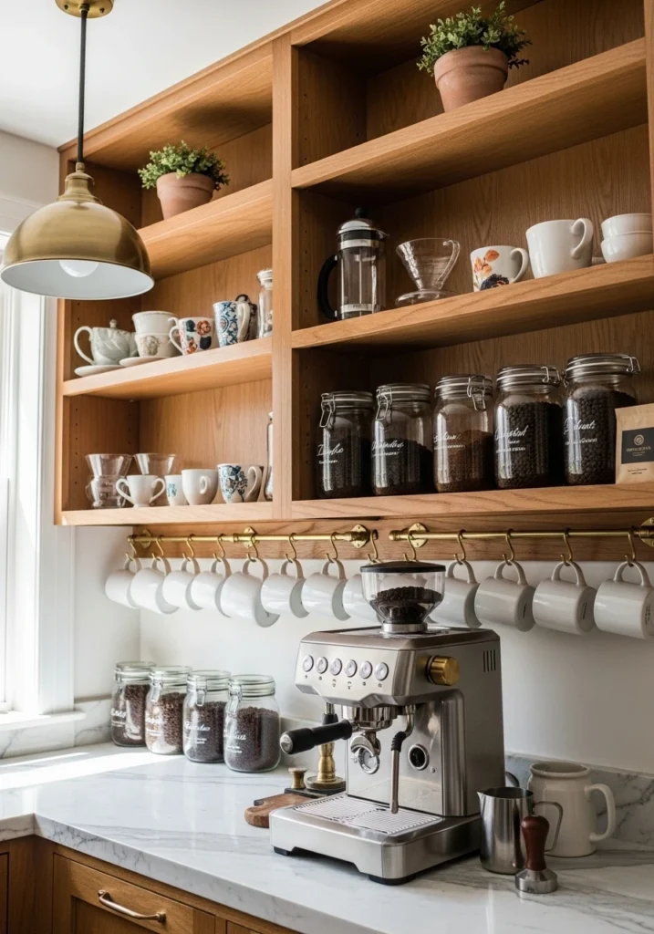 Kitchen coffee bar with open wooden shelving, hanging mugs, and organized coffee supplies