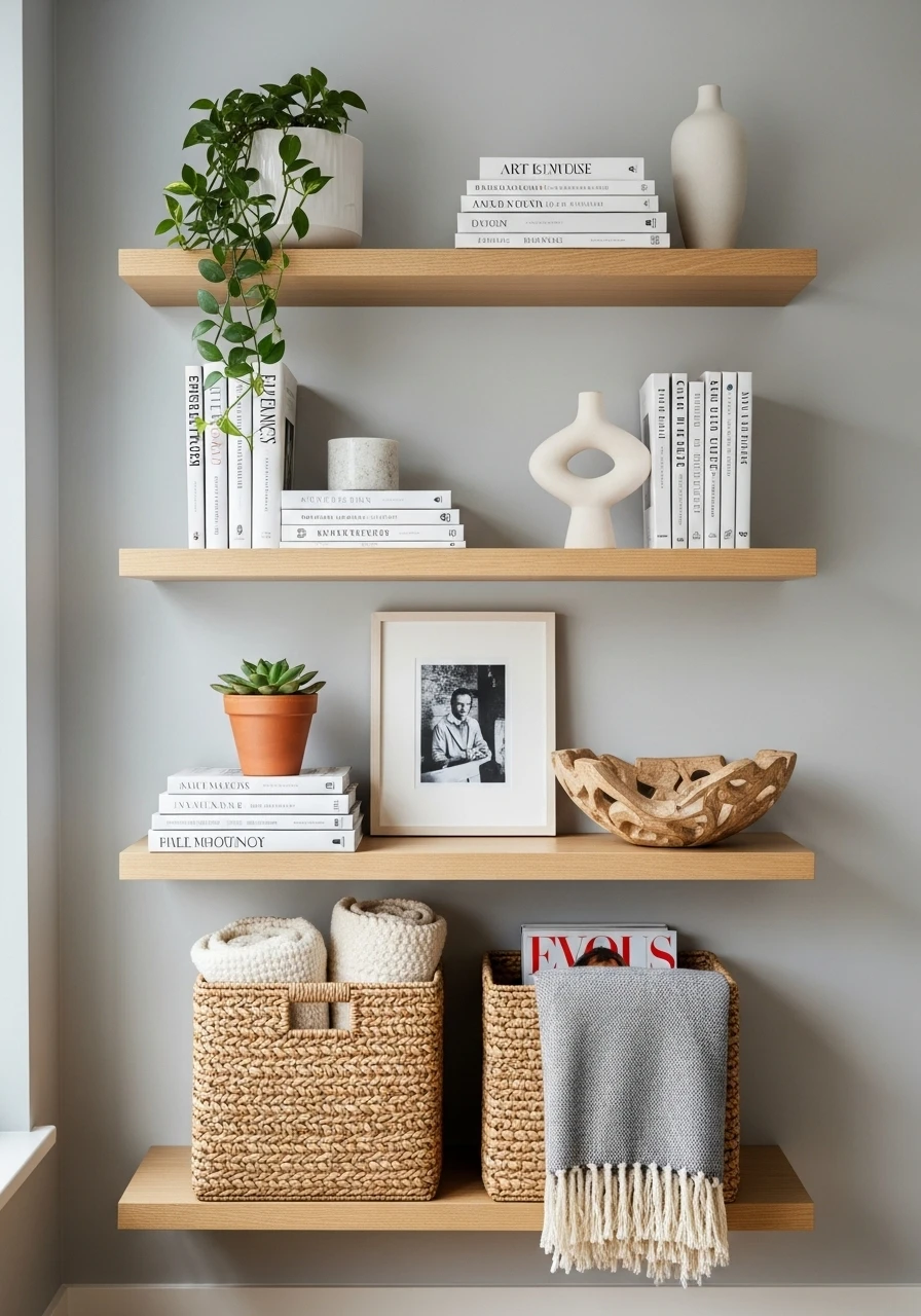 Open wall shelves styled with books and decor in entryway