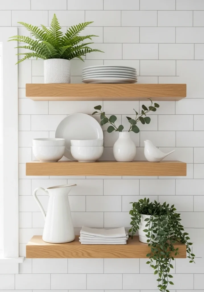 Open wood floating shelves in kitchen with white subway tile and styled dishes