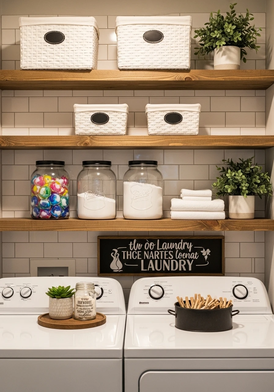 Floating wooden shelves with organized baskets in laundry room