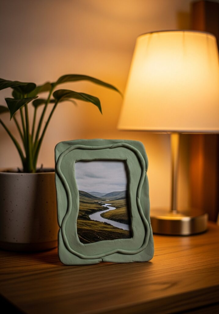 Organic shaped handmade air dry clay picture frame in sage green on nightstand