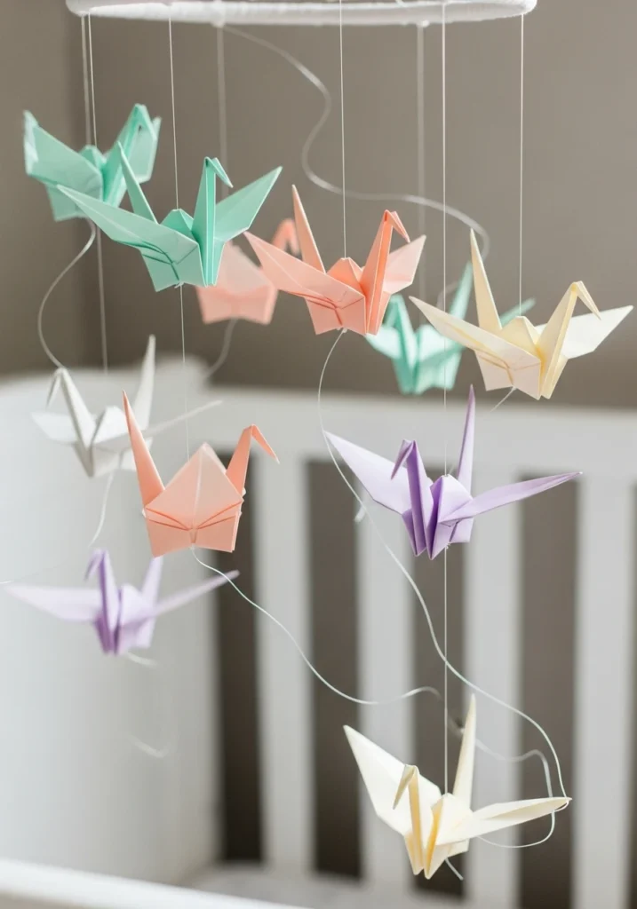 Pastel origami crane mobile hanging above nursery crib