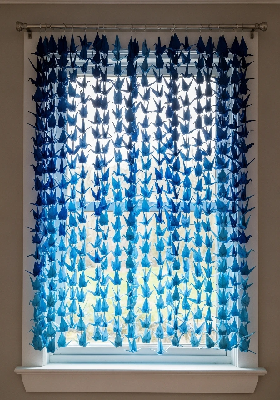 Blue ombre origami crane garland hanging as window treatment