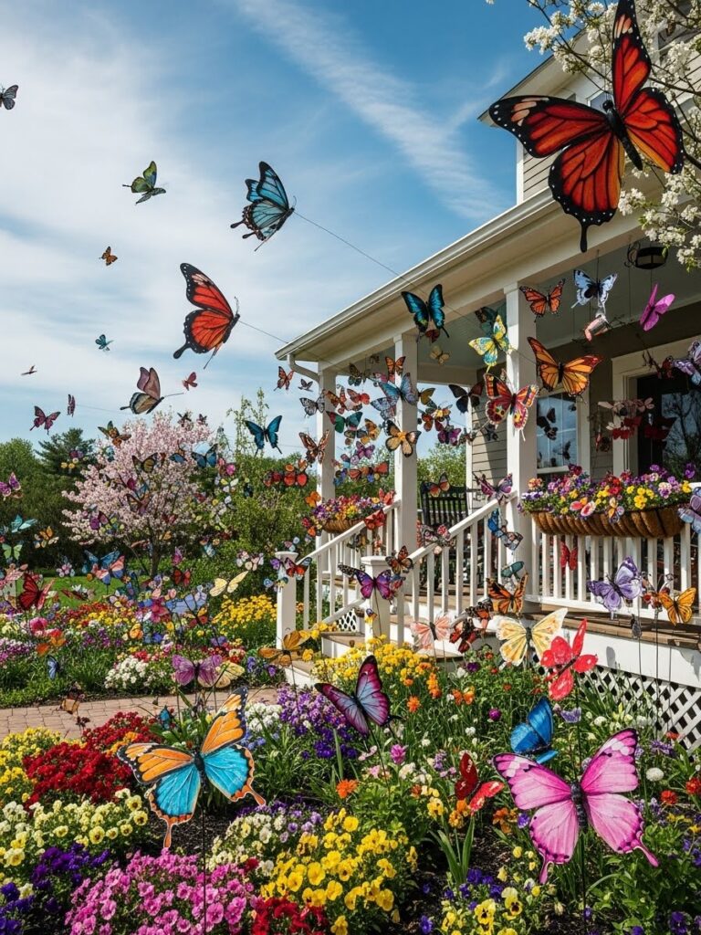Colorful outdoor butterfly crafts creating a joyful spring atmosphere