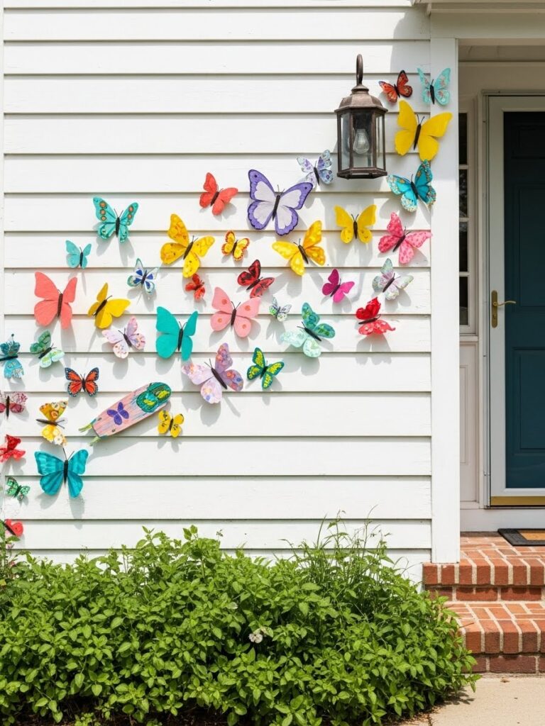 Colorful butterfly crafts decorating an outdoor spring entry wall