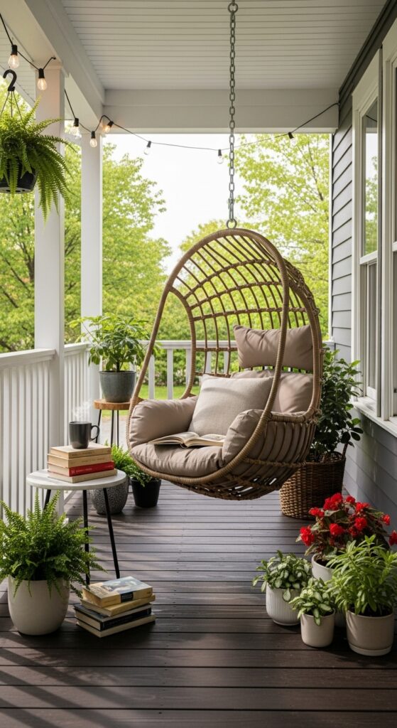 Outdoor covered porch reading nook with hanging wicker chair and weather-resistant cushions