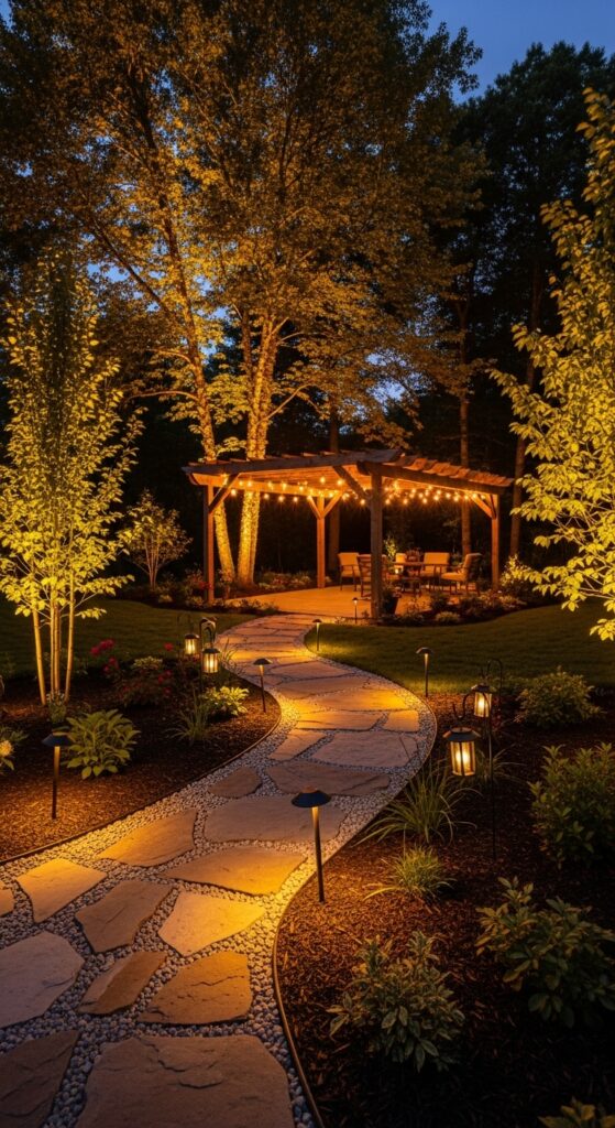 Beautifully lit backyard garden at dusk with path lights, uplights, and string lights