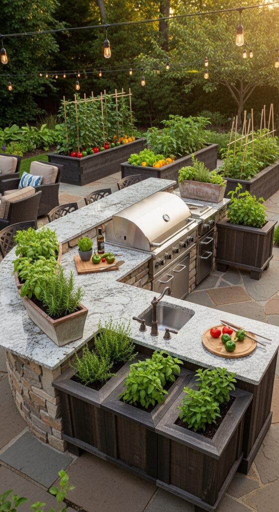 Outdoor kitchen area surrounded by herb garden and raised vegetable beds