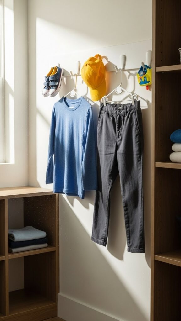 Wall hooks displaying tomorrow's complete outfit ready for easy morning dressing routine