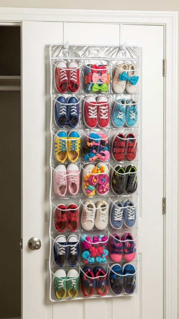  Over-the-door organizer in apartment kids closet adding storage without installation or wall damage