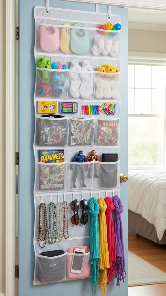 Over-door organizer adapting from baby accessories to teen jewelry and fashion items