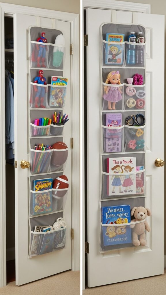 Separate over-the-door organizers for each child in shared bedroom providing individual storage for personal accessories