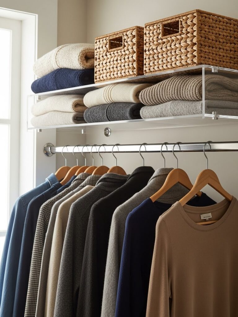  Shelf extender positioned over closet rod creating additional vertical storage above hanging clothes