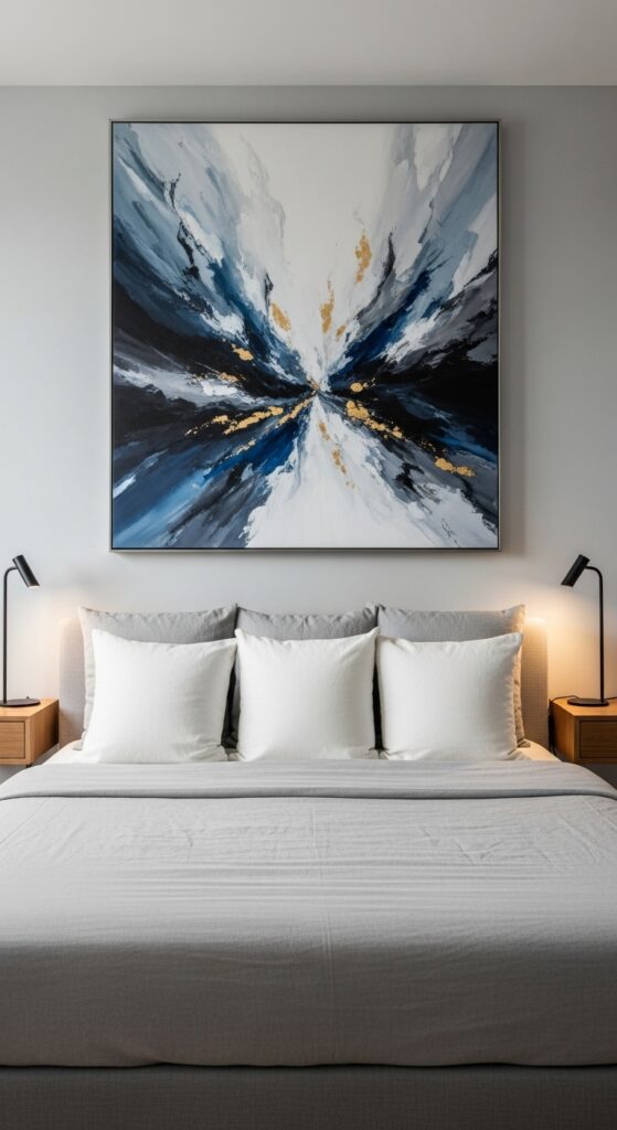 Bedroom with oversized artwork above bed serving as dramatic focal point