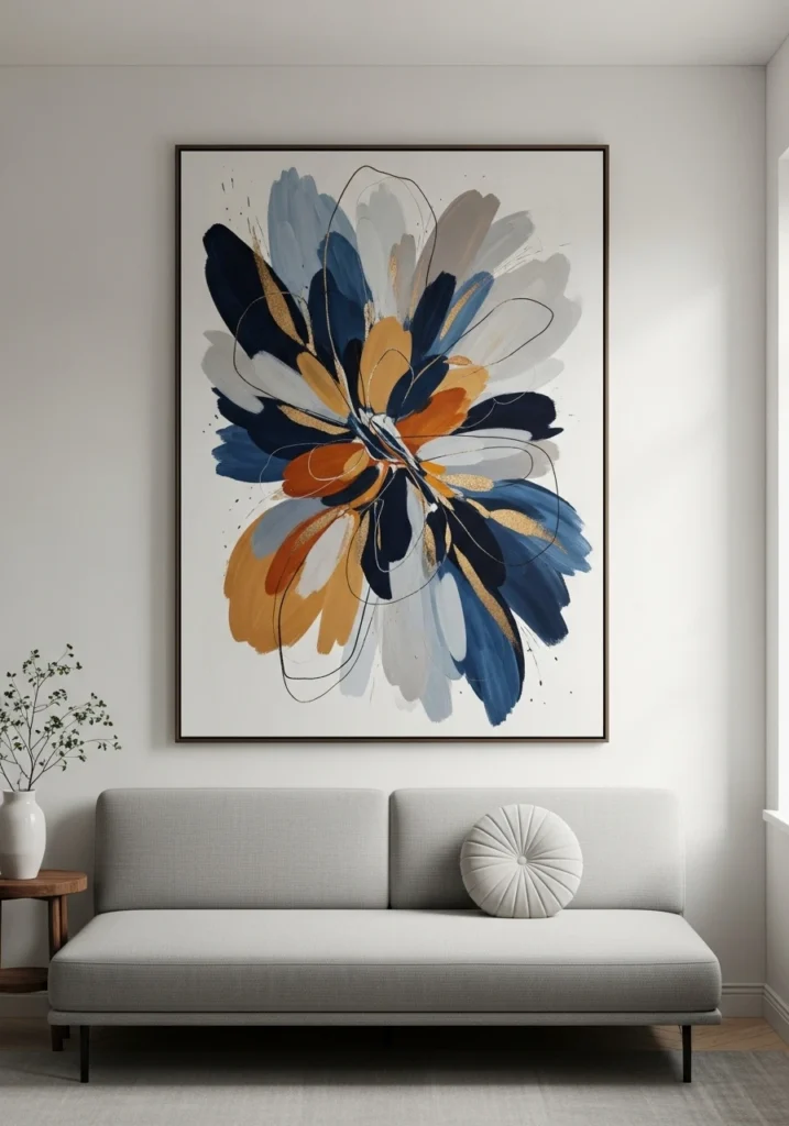 Oversized abstract art above sofa creating dramatic focal point