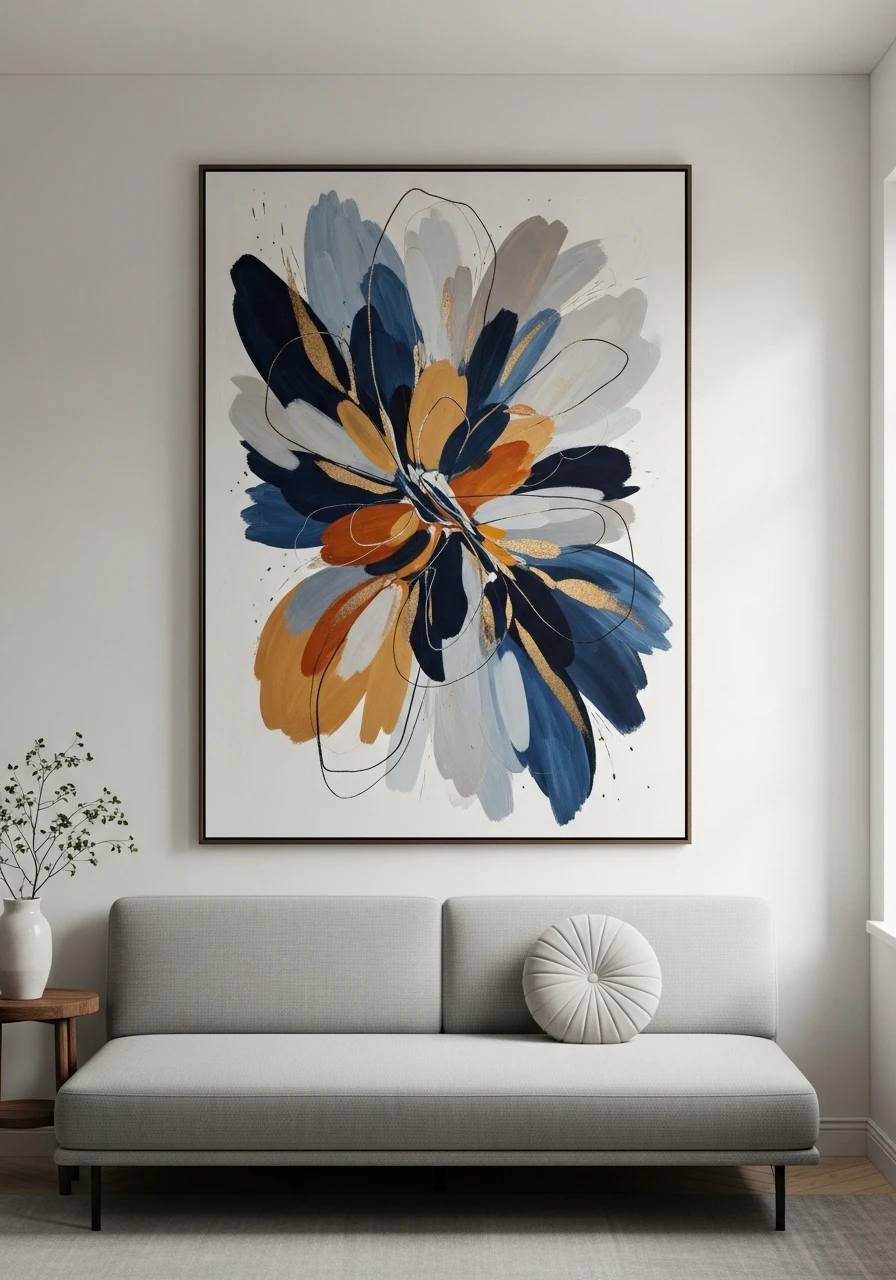 Oversized abstract art above sofa creating dramatic focal point