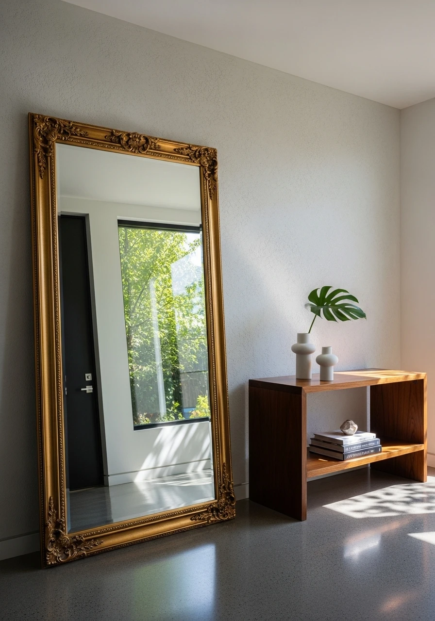 Large floor mirror leaning against entryway wall