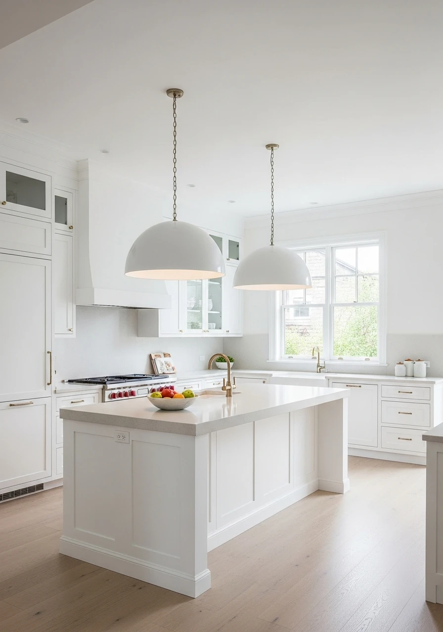 Two large dome pendant lights hanging over white kitchen island